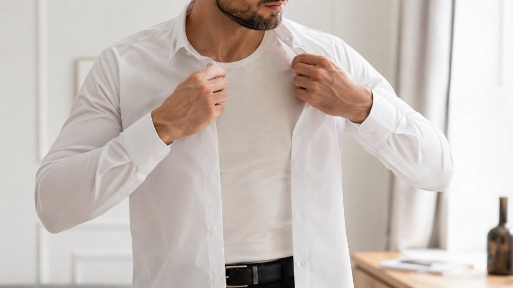 Biały czy cielisty? Dekolt V czy okrągły? Sprawdź, jaki podkoszulek pod koszulę wybrać i jak nosić t-shirt pod marynarkę bez modowych wpadek.
