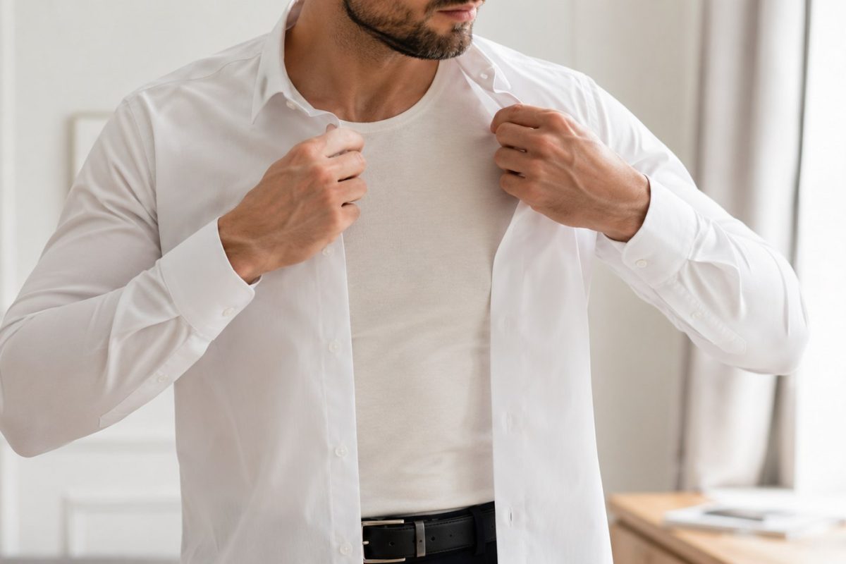 Biały czy cielisty? Dekolt V czy okrągły? Sprawdź, jaki podkoszulek pod koszulę wybrać i jak nosić t-shirt pod marynarkę bez modowych wpadek.