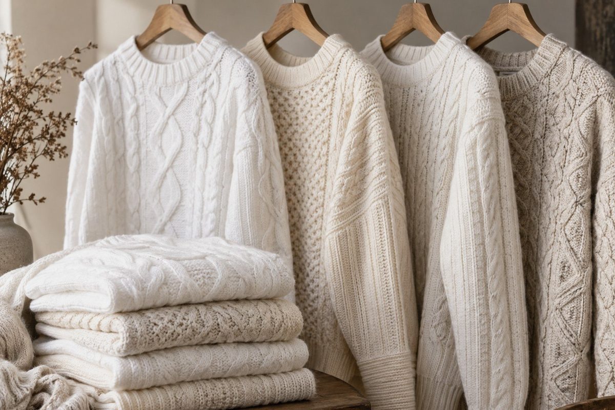 Écru z warkoczem do jeansów czy śnieżny golf pod czarny garnitur? Odcienie bieli, nowoczesny cable knit i pielęgnacja, bo biel wybacza najmniej.
